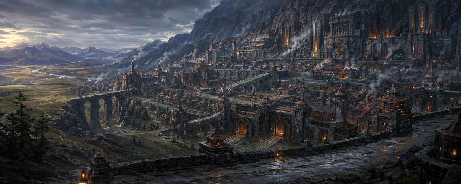 The dark stone capital of Kurn Daruhm beneath smoke and firelight