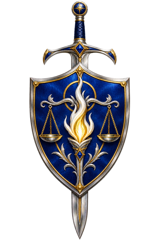 The sword, shield, scales and white-gold flame of the Order of the Holy Flame