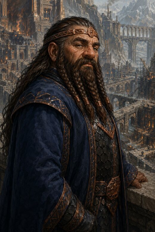 Formal portrait of Drogan Ironheart III beside architectural plans