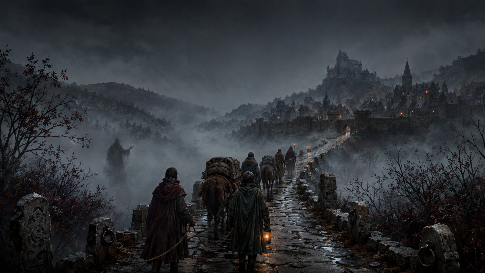 A caravan follows a raised road through the mist toward a fortified town in Dulavein