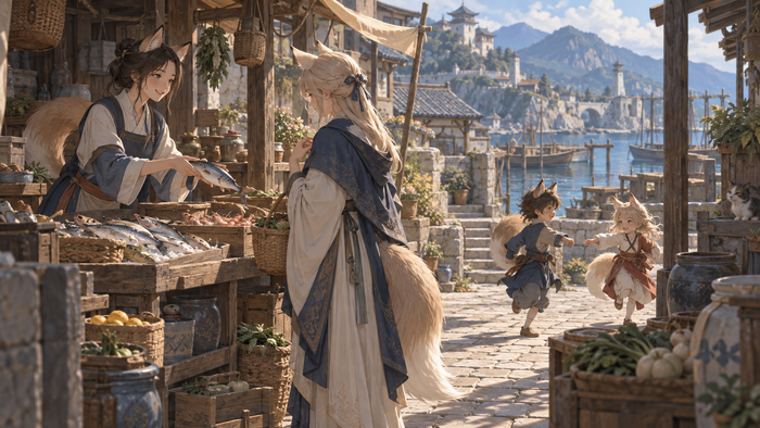 Kitsune residents trading and talking in a small coastal market in Amatsukini