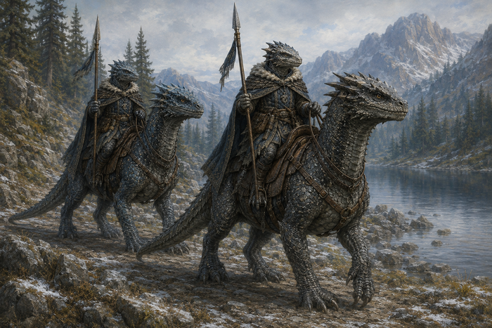 Varkeshi riders patrolling on wingless stoneclaw drakes