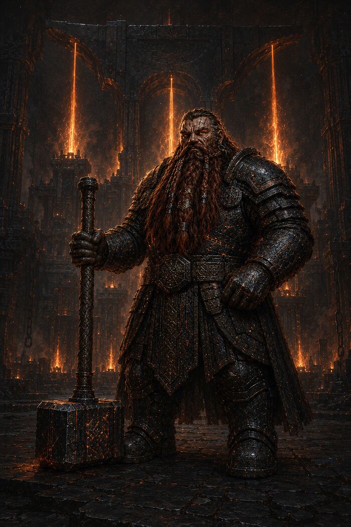 Durgadd Fireblessed manifesting in divine armour before the great forge