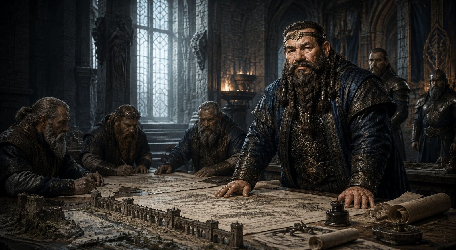 Emperor Drogan Ironheart III studying road and aqueduct plans with his council