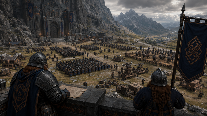An imperial dwarven army and its supply column marching through a mountain pass