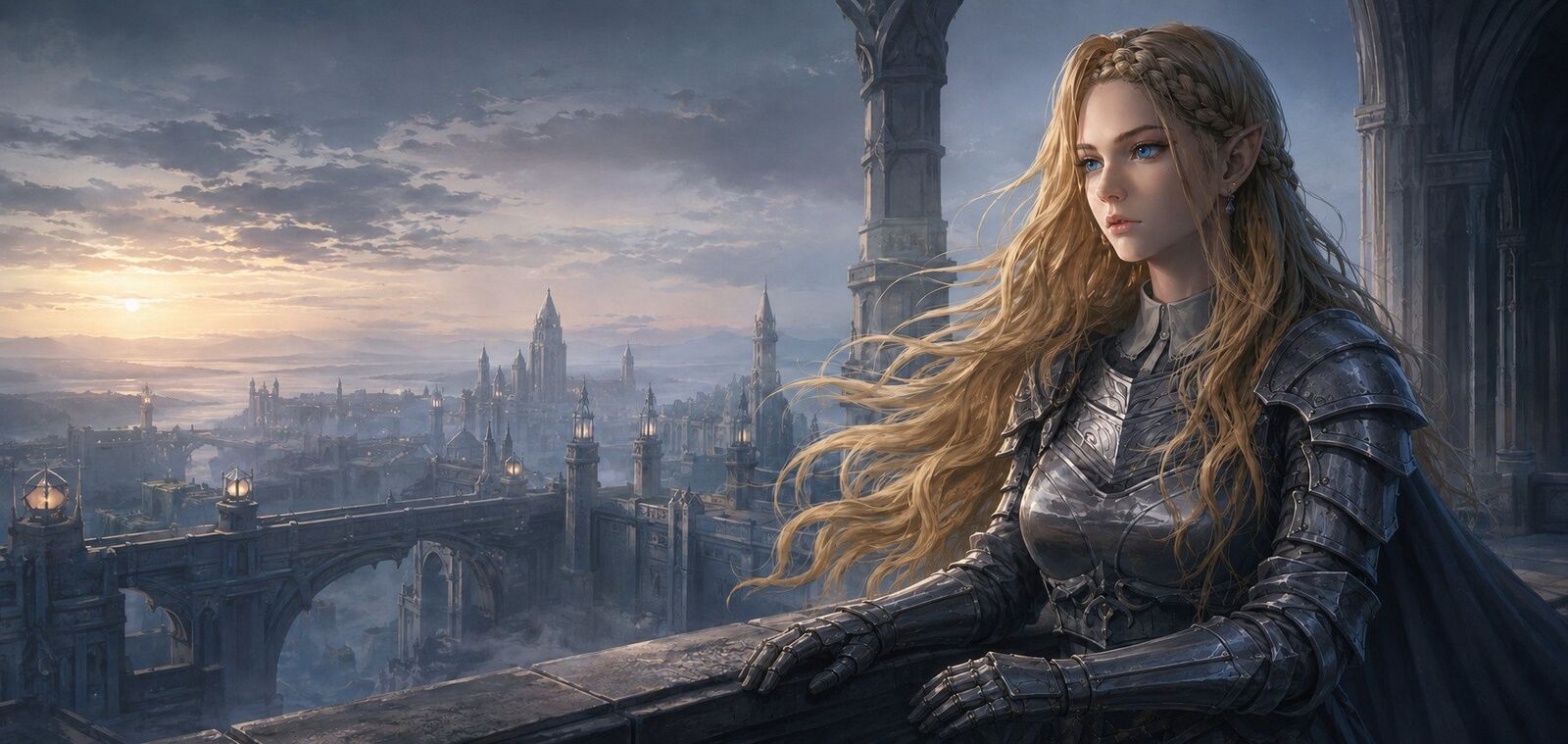 Aelithia standing between a corrupt tribunal and the people seeking her protection