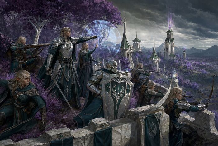 Elven knights, archers and mages marching through a violet forest