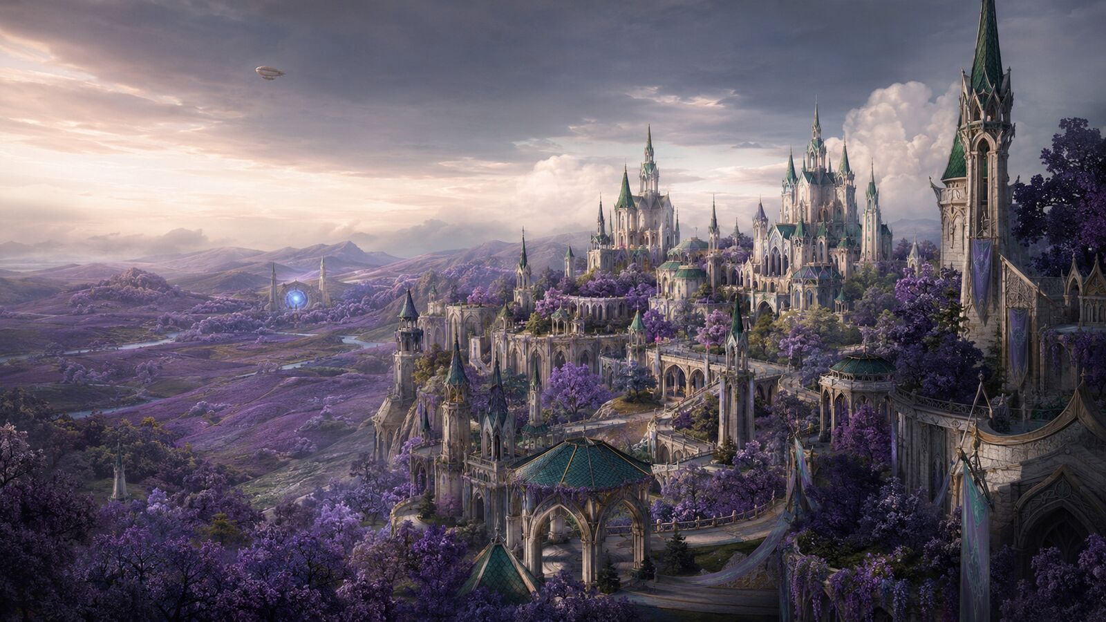 The violet forests and towers of the Holy Kingdom of Alyren Shaeras