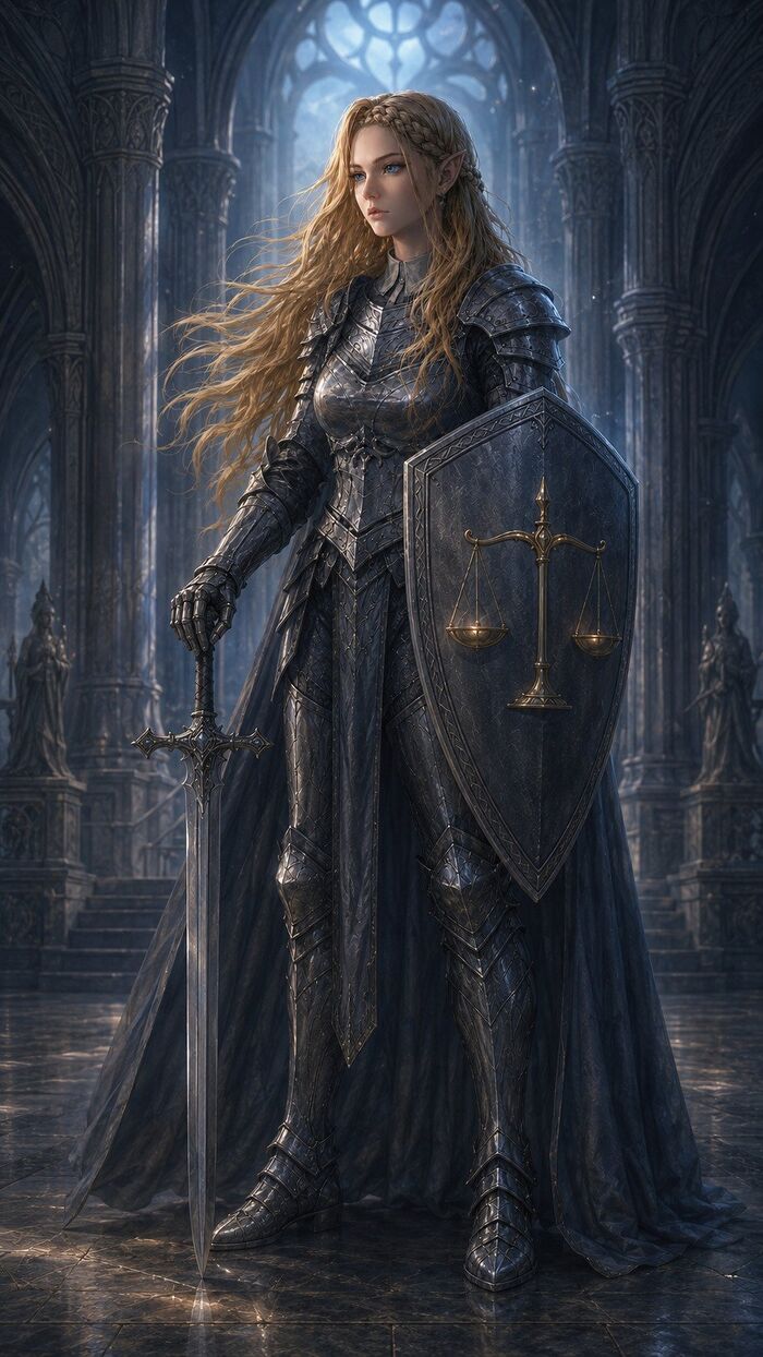 Aelithia in silver and gold armour with her sword and shield