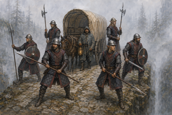A Dulavein road patrol defending a caravan in the mist
