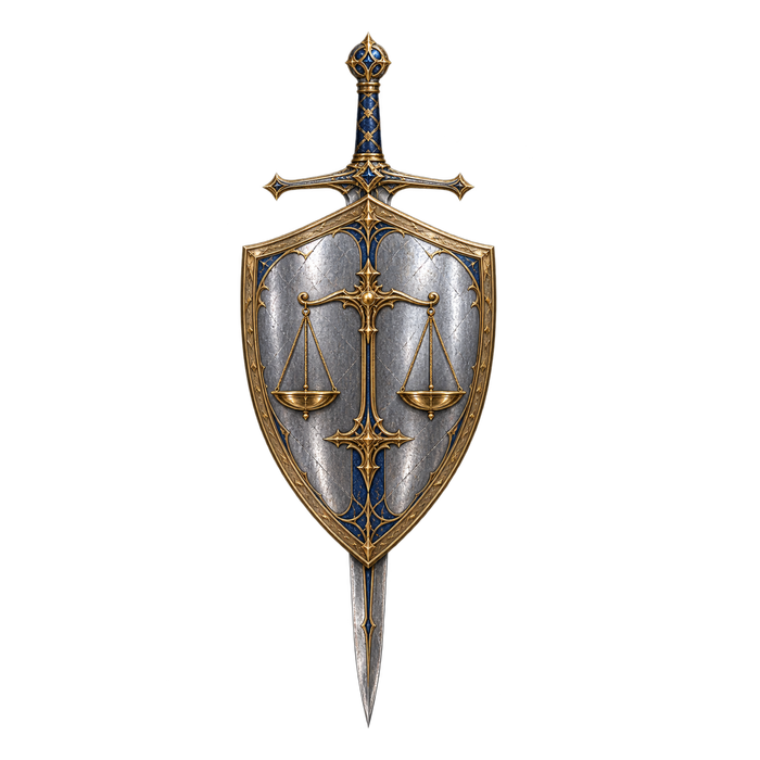 A silver shield, upright bastard sword and balanced golden scales