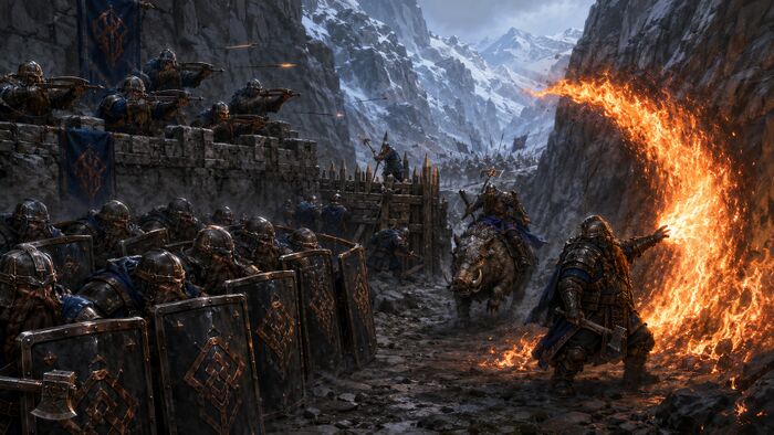 Dwarven soldiers with shields, crossbows and fire magic