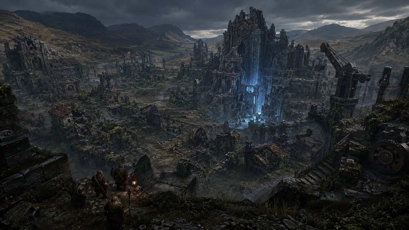 The overgrown ruins of Dhemuhm with a distant blue light beneath broken towers
