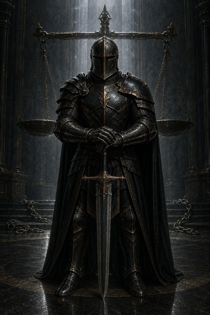 Galenar in black and gold armour before a balanced scale and broken chains