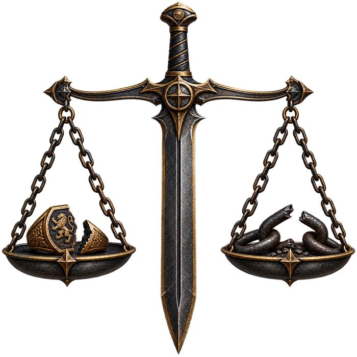 A sword supporting level scales which hold a broken signet and snapped chain