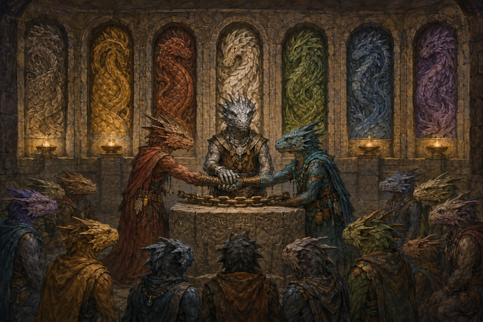 A Varkeshi oathkeeper witnesses an oath beneath carvings of the Seven Scale Ancestors