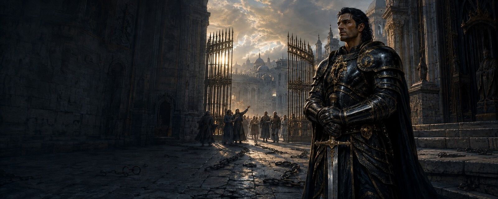 Galenar standing before released prisoners after the judgment of a corrupt ruler